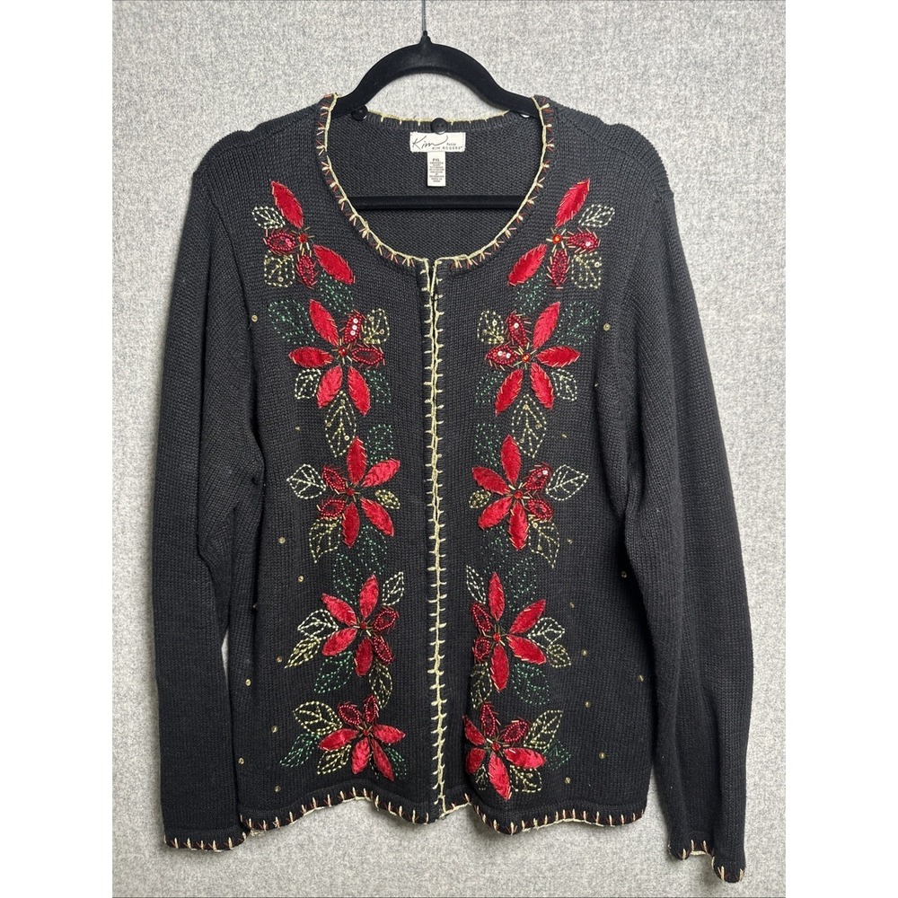 Kim Rogers Christmas Sweater Cardigan Womens PXL Poinsettas Black Beaded Knit